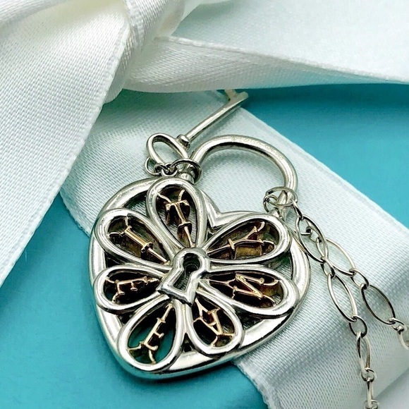 Tiffany & Co 24” 18 K GOLD Silver Padlock Lock Key Filigree Oval Link Necklace - Picture 3 of 14